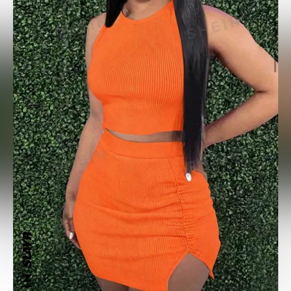 Orange skirt set outfit